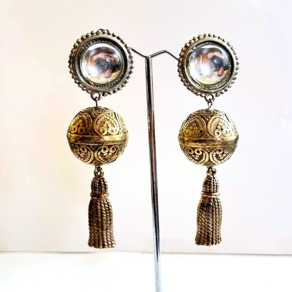 VTG Leslie Block earrings dangle silver BOHO Chunky Cabohcon clip designer 3.75" - Picture 1 of 6